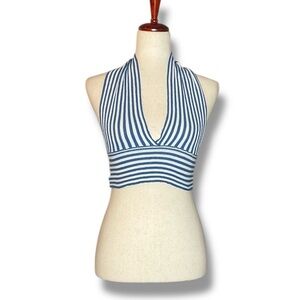 Suite Benedict Blue Stripe Knit Tie Back Halter Crop Top Size